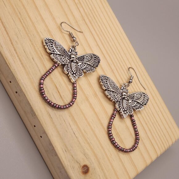 Purple Teardrop Skull Moth Charm Earrings - Picture 3 of 3